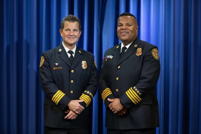 Photo of Chiefs Jake Blanton and Percy Golden II in JFRD uniform