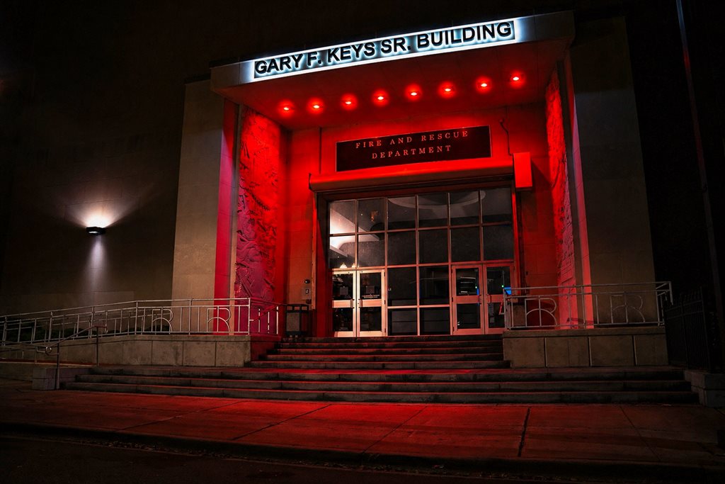 JFRD Headquarters with Red Lights honoring fallen firefighters