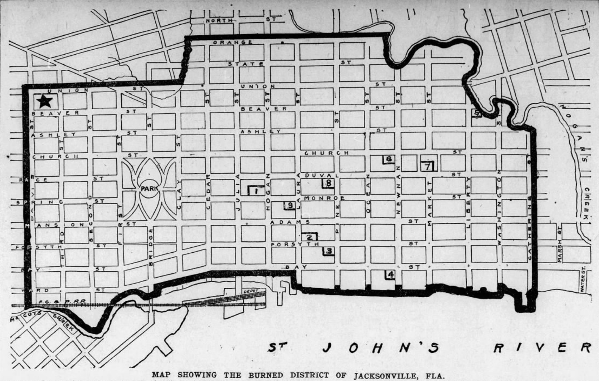 Map of areas burned down during the great fire of 1901